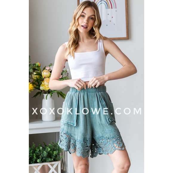 Oli & Hali Teal Washed Cotton Lace Bottom Elastic Waist Short - Picture 8 of 14